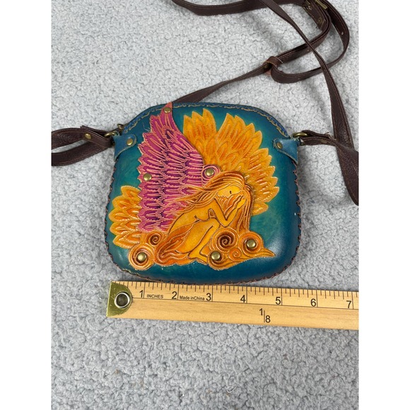 Purse Change Crossbody Angel Embossed Leather Hand made Zip Pouch Wallet - Picture 3 of 7